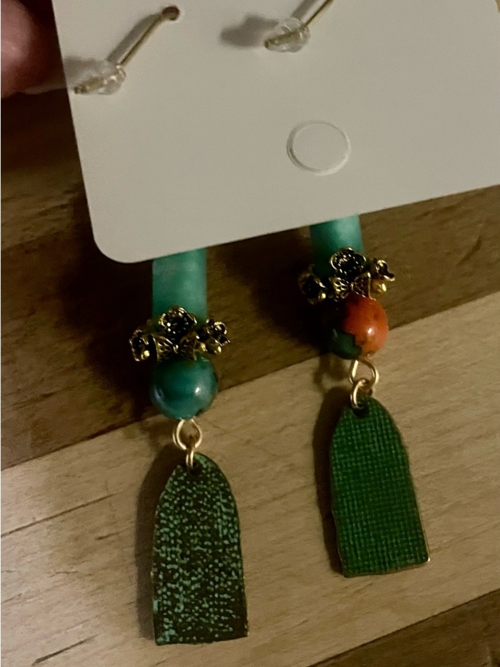 Handmade Turquoise & Orange Dangle Earrings with Gold Accents - Picture 4 of 9